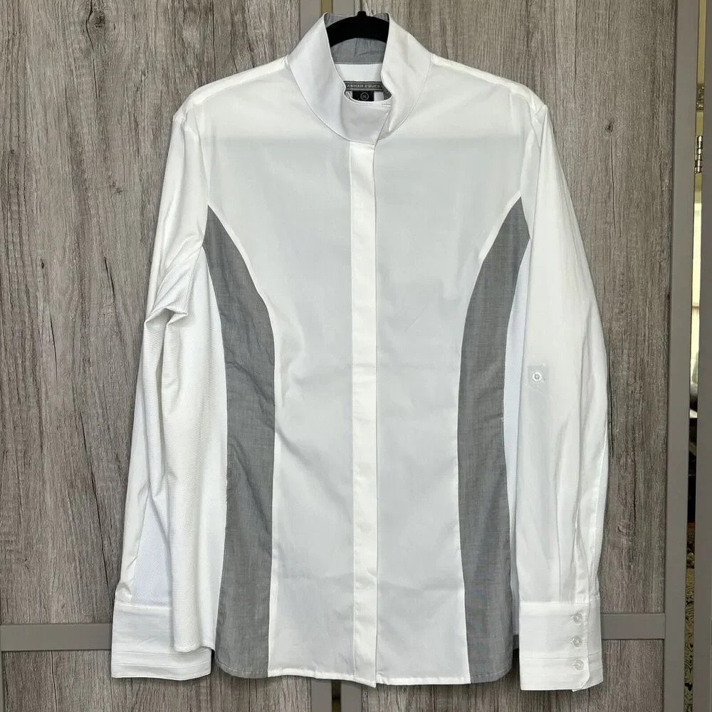 Noel Asmar Equestrian Women Button Up Shirt White and Gray Magnetic Collar 2XLL